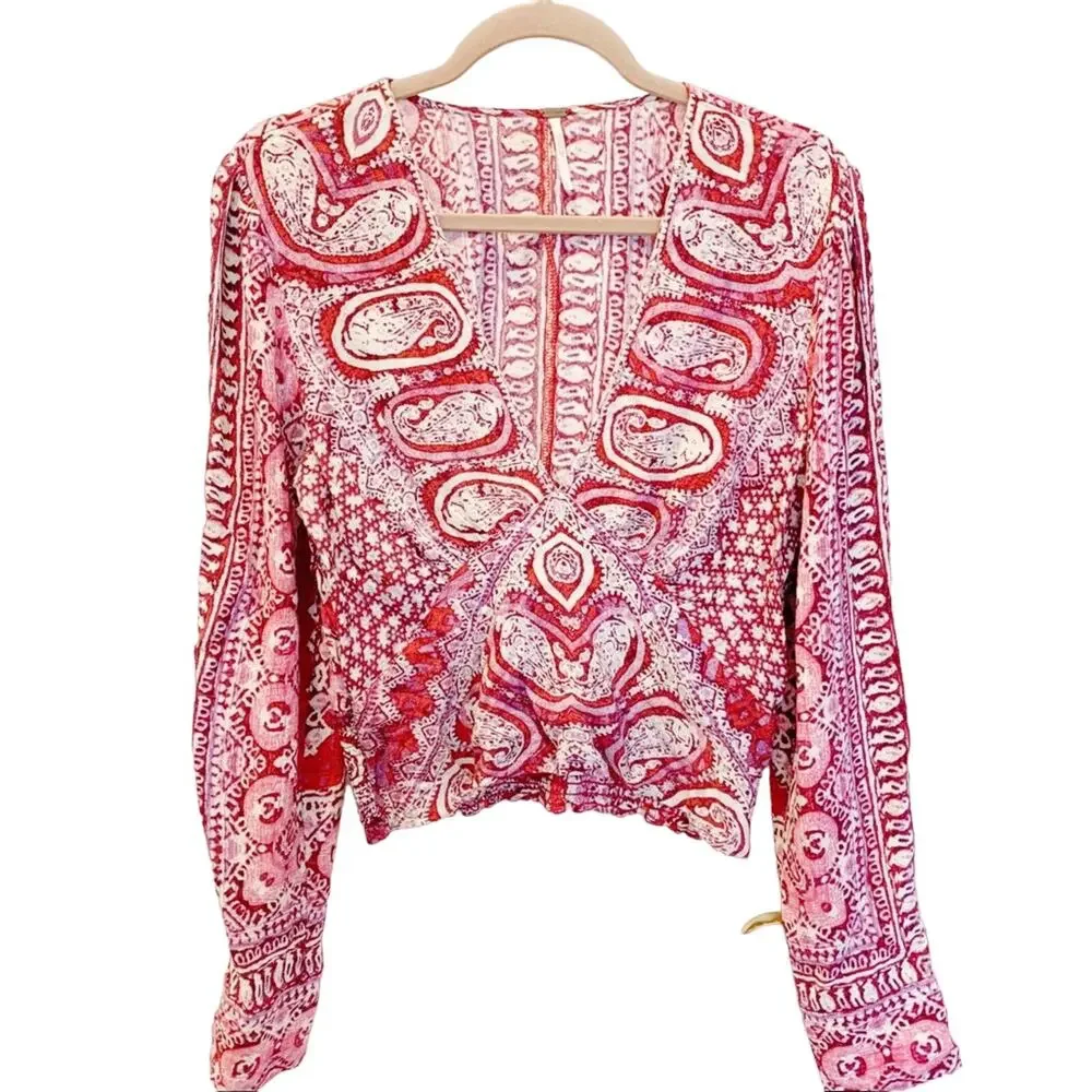 Free People Red Wild Patterned V Neck Blouse Large